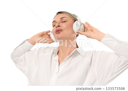 Woman with closed eyes delighting in music, isolated on white, PNG Woman with closed eyes delighting in music, isolated on white, PNG 133573506