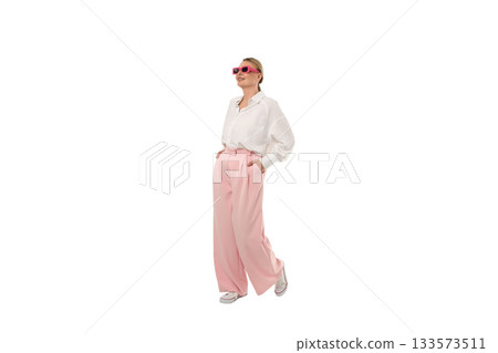 Model displays stylish pink pants and sunglasses, isolated on white, PNG Model displays stylish pink pants and sunglasses, isolated on white, PNG 133573511