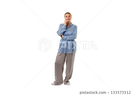 Woman in stripes and loose pants thinks, isolated on white, PNG 133573512