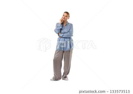 Confident young woman in striped shirt, isolated on white, PNG 133573513