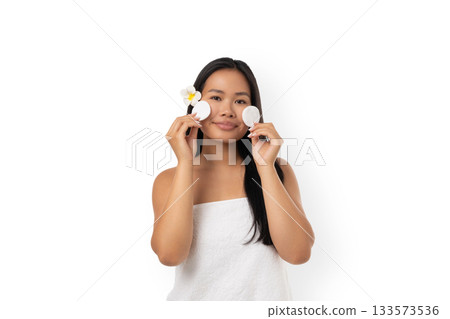 Spa day with cotton pads and skincare, isolated, PNG Spa day with cotton pads and skincare, isolated, PNG 133573536