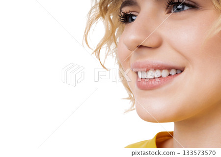 Smiling woman shows off bright, healthy teeth, isolated, PNG Smiling woman shows off bright, healthy teeth, isolated, PNG 133573570