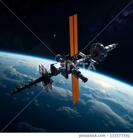 Space station orbiting Earth with solar panels extended Generative AI 133573592