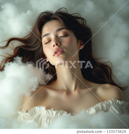 Woman resting peacefully among soft clouds in a dreamy scene Generative AI 133573629
