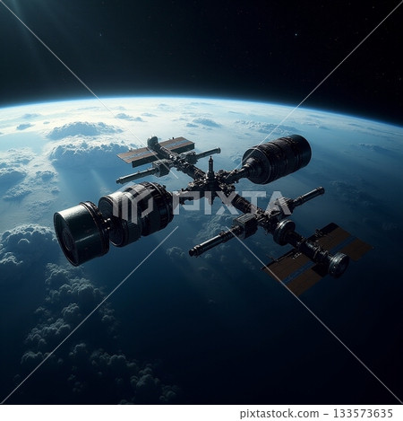 Satellite orbiting Earth showcasing advanced technology Generative AI 133573635