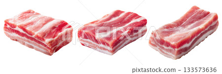 Set of fresh raw meat cuts, pork belly slab, isolated on transparent background. Fresh meat for cooking, food preparation, and advertisement. 133573636