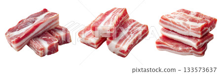 Set of fresh raw meat cuts, pork belly chunks, isolated on transparent background. Fresh meat for cooking, food preparation, and advertisement. 133573637