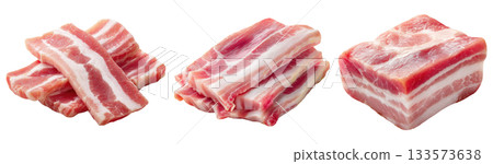 Set of fresh raw meat cuts, sliced pork belly, isolated on transparent background. Fresh meat for cooking, food preparation, and advertisement. 133573638