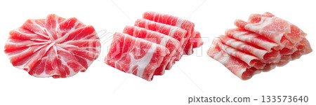 Set of fresh raw meat cuts, thin sliced pork belly, isolated on transparent background. Fresh meat for cooking, food preparation, and advertisement. Set of fresh raw meat cuts, thin sliced pork belly, isolated on transparent background. Fresh meat for cooking, food preparation, and advertisement. 133573640