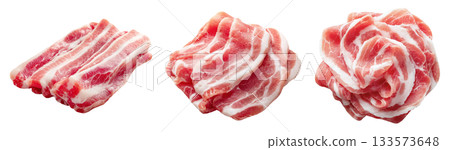 Set of fresh raw meat cuts, sliced pork belly, isolated on transparent background. Fresh meat for cooking, food preparation, and advertisement. 133573648