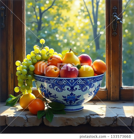 Colorful fruit bowl beside a sunny window in a cozy room Generative AI Colorful fruit bowl beside a sunny window in a cozy room Generative AI 133573668