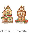 Watercolor Christmas card with cute house, trees and presents. Isolated composition for your invitation or greeting cards, illustration with symbols winter, holiday and cozy home. 133573846