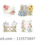 Fence details, set of isolated elements wooden fence and decoration with flowers, plants and abstract birds, watercolor illustration for your design. 133573847