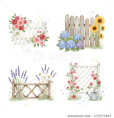 Fence details, set of isolated elements wooden fence and decoration with flowers, plants and abstract birds, watercolor illustration for your design. 133573847