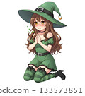 cute halloween witch girl holding pumpkin basket, anime style, transparent background, PNG sticker, halloween costume, trick or treat. 133573851