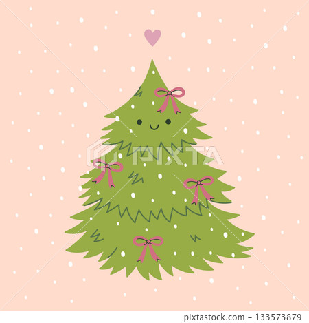 Cute Christmas tree decorated with bows. Vector graphics. 133573879