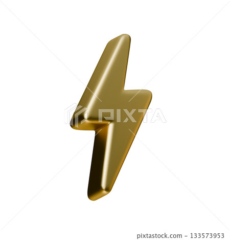 Golden lightning bolt icon in 3D style. A shiny thunder symbol with smooth gradient and metallic energy effect. This lightning icon looks realistic and bold, perfect for power, speed and electricity  133573953