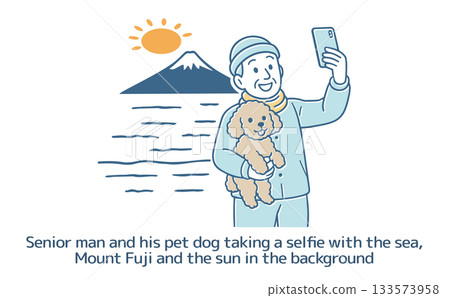 A senior man and his pet dog taking a selfie with the sea, Mount Fuji, and the sun in the background 133573958