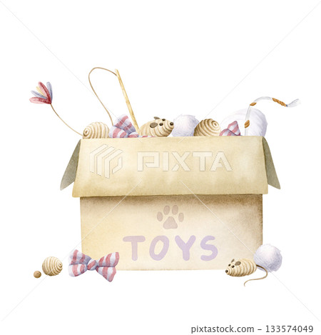Carton box with cat toys watercolor illustration isolated on white. Jute balls, stick and mouse toy, bow, rope and pompom in pastel beige colors. Pet goods clip art for game and pet shops supplies 133574049