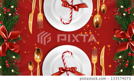 Christmas plate settings with golden cutlery 133574073