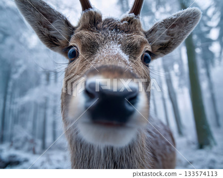 Curious winter deer close-up with snow-covered fur in frosty forest, portrait of playful wildlife in icy forest setting 133574113