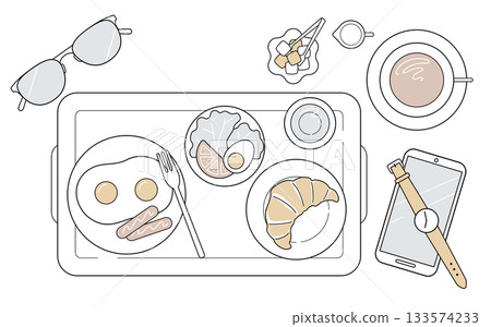 清晨餐盤和餐具的鳥瞰圖 | 早晨活動、咖啡館和工作準備圖片 133574233