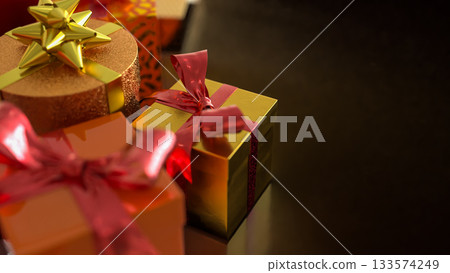 Luxury Gift Boxes with Golden and Red Ribbons 3d render. 133574249