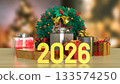 2026 New Year Celebration with Christmas Gifts 3d render. 133574250