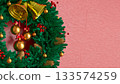 Christmas Wreath with Golden Bells on Red Background 3d render 133574259