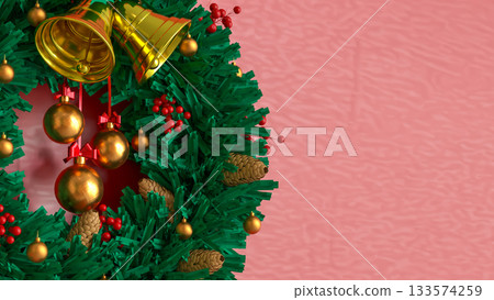 Christmas Wreath with Golden Bells on Red Background 3d render 133574259