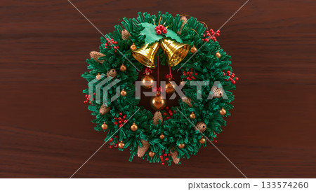 Christmas Wreath with Golden Bells on Wooden Background 3d render Christmas Wreath with Golden Bells on Wooden Background 3d render 133574260