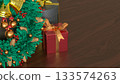 Christmas Wreath and Gift Boxes with Holiday Lights 3d render. 133574263