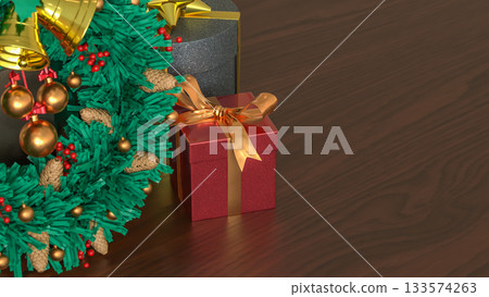 Christmas Wreath and Gift Boxes with Holiday Lights 3d render. Christmas Wreath and Gift Boxes with Holiday Lights 3d render. 133574263