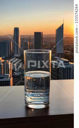 glass of water on the city office building 133574264