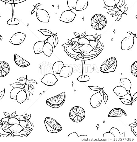 Seamless pattern with lemons in vase, hand drawn repeating background. Line art allover print Seamless pattern with lemons in vase, hand drawn repeating background. Line art allover print 133574399