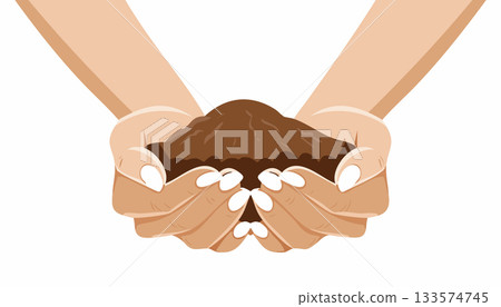 Close up of human hands offering fertile earth for gardening farming and new life to grow Close up of human hands offering fertile earth for gardening farming and new life to grow 133574745
