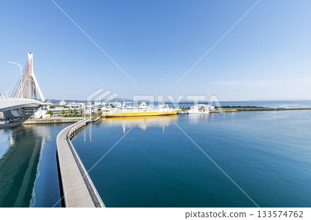 Aomori City, Aomori Prefecture: The Seikan Ferry Hakkoda Maru and the surrounding cityscape on a clear day 133574762