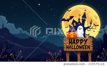 A festive Halloween scene with a wooden sign that reads "Happy Halloween" positioned in front of a full moon 133575118