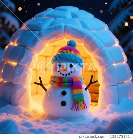 A cute snowman in a snow hut and snow scenery 133575191