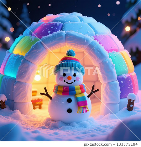 A cute snowman in a snow hut and snow scenery A cute snowman in a snow hut and snow scenery 133575194