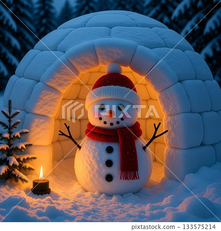 A cute snowman in a snow hut and snow scenery A cute snowman in a snow hut and snow scenery 133575214