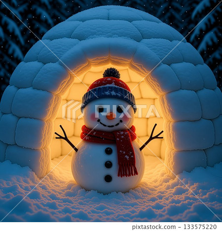 A cute snowman in a snow hut and snow scenery 133575220
