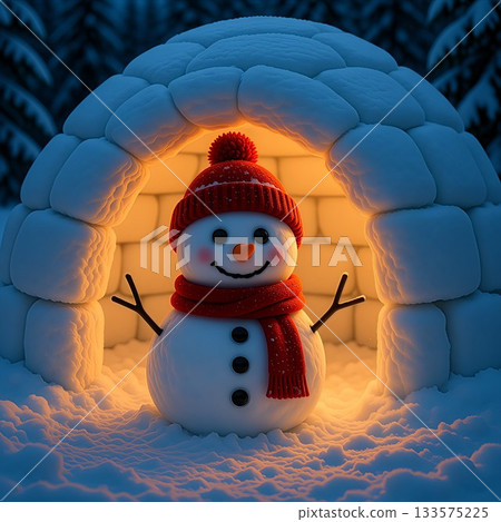 A cute snowman in a snow hut and snow scenery A cute snowman in a snow hut and snow scenery 133575225