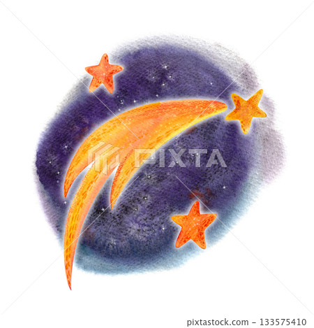 Orange-yellow stars and a comet on dark background. Children's watercolor and pencil illustrations for textile and holiday design. 133575410