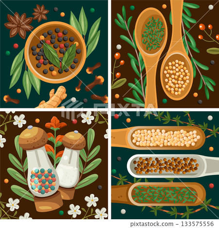Four panel spice collage with herbs spoons bottles and seeds flat cartoon 133575556