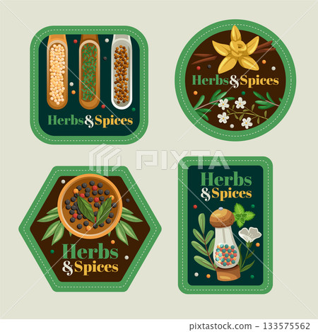 Set of vintage style spice labels with jars spoons and herbs flat cartoon 133575562