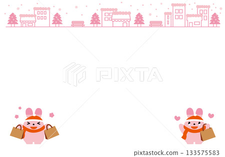 冬日小鎮的框架，有許多購物的兔子 133575583