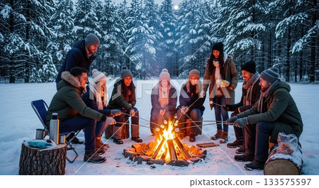 Friends gather around campfire in snowy winter forest, cozy warmth, shared adventure, happy moments Friends gather around campfire in snowy winter forest, cozy warmth, shared adventure, happy moments 133575597