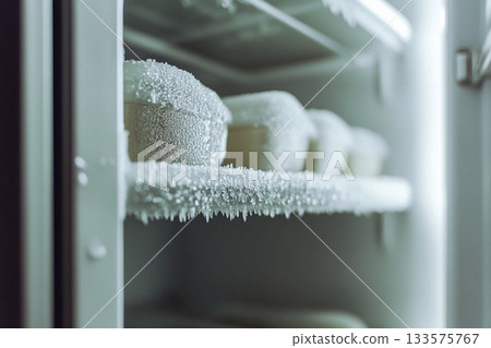 Close up view of frozen ice inside a fridge showing detailed frost and cold texture frozen food concept Close up view of frozen ice inside a fridge showing detailed frost and cold texture frozen food concept 133575767