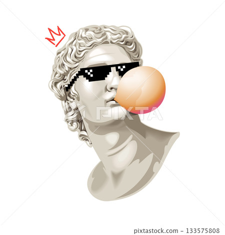 Classical statue bust with pixel sunglasses and bubble gum vector Classical statue bust with pixel sunglasses and bubble gum vector 133575808